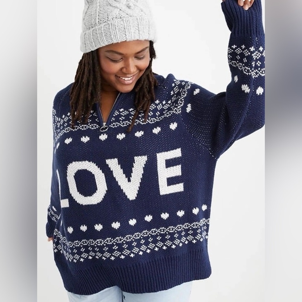 Aerie Festive Vibes Quarter Zip Love Fair Isle Sweater Womens XS Blue - Picture 1 of 7